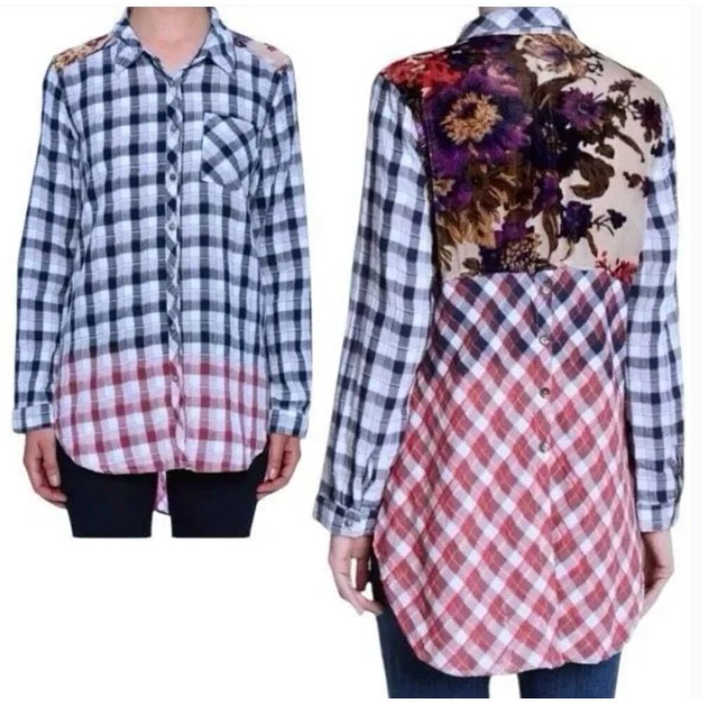 Aratta Silent Journey Valencia Top Womens XL Plaid & Floral Burnout Velvet Silk